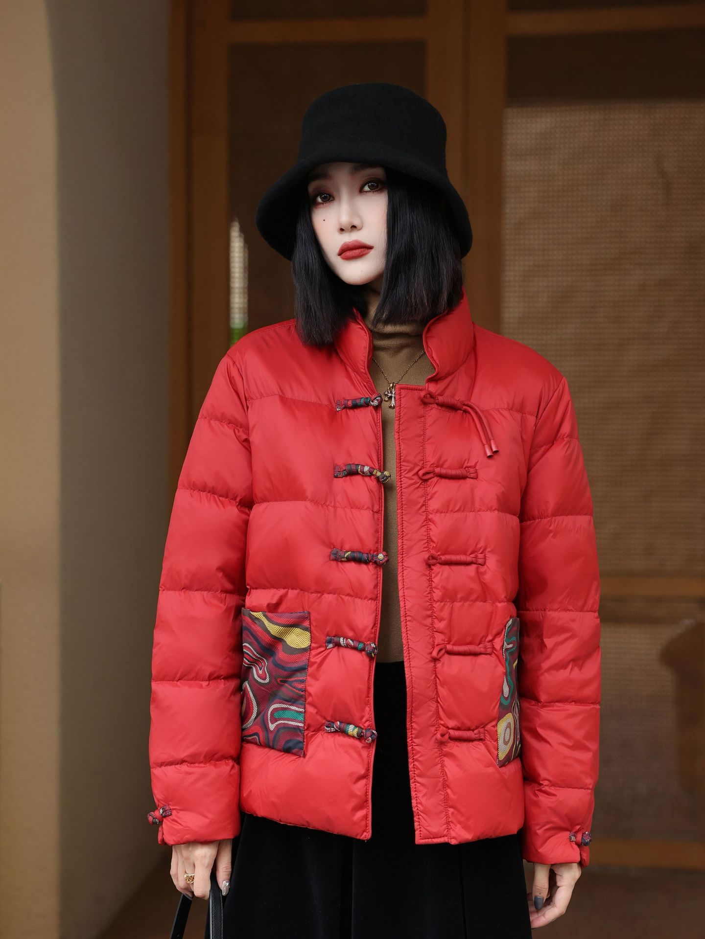 Women’s Jacket – Oversized Quilted Puff – High Collar – Frog Closures – Patterned Pockets