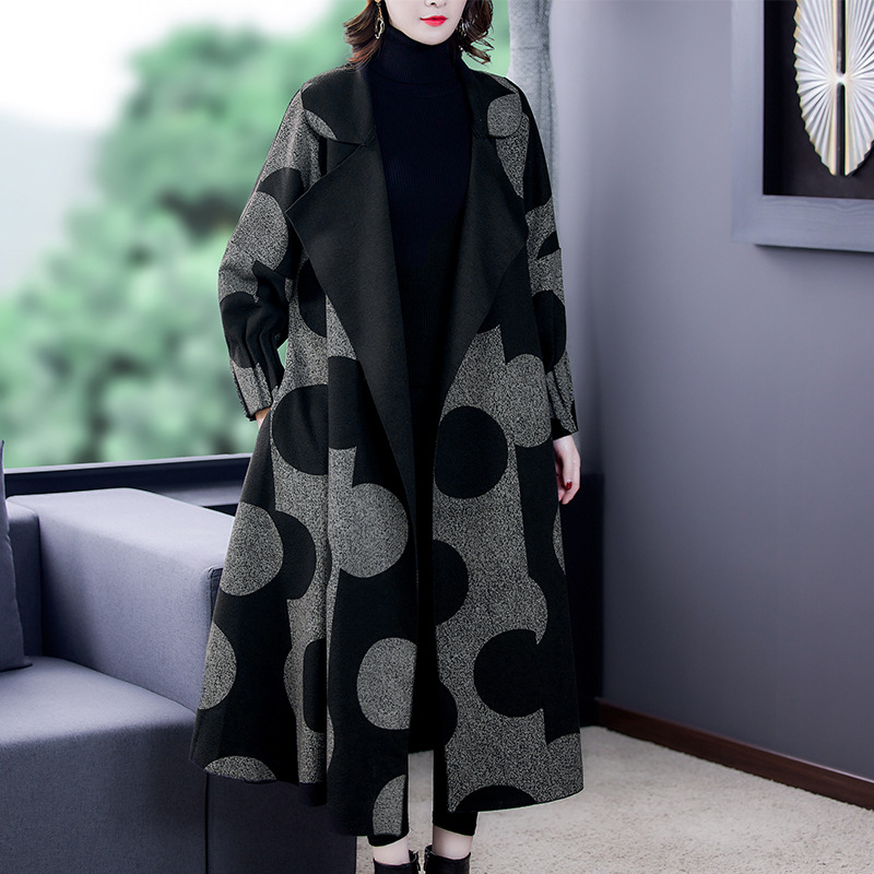 Women’s Trench Coat – Oversized Fit – Wool Blend – Shawl Collar – Abstract Pattern