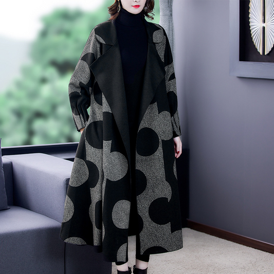Women’s Trench Coat – Oversized Fit – Wool Blend – Shawl Collar – Abstract Pattern