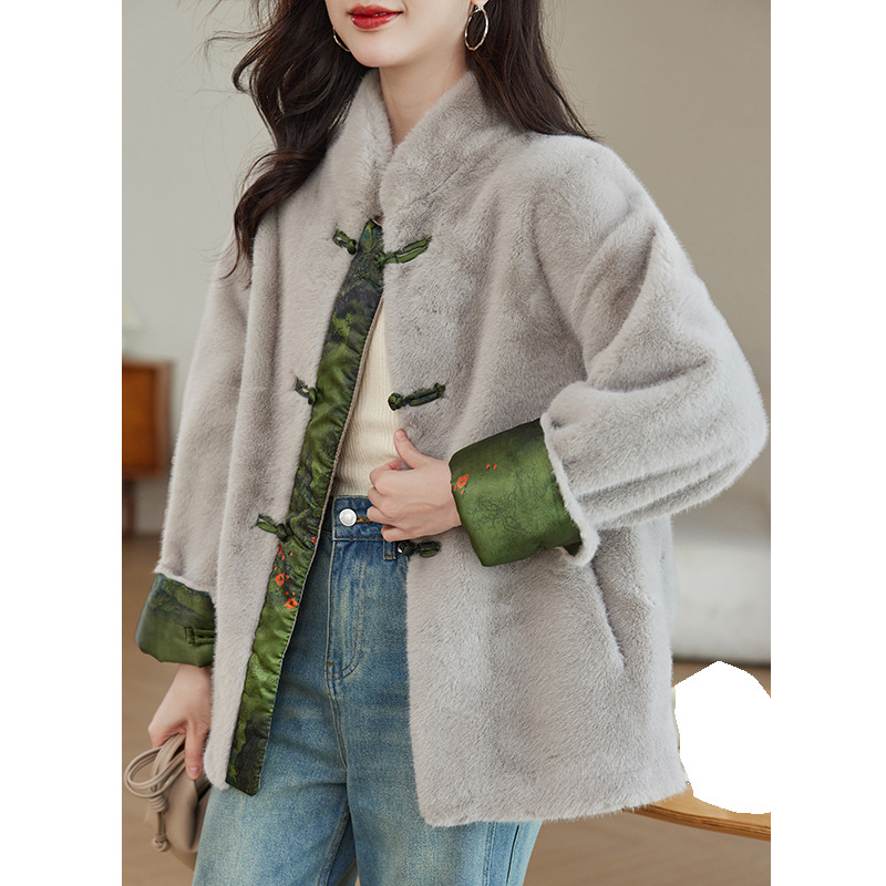 Women’s Coat – Plush Faux Fur – Relaxed Fit – Mandarin Collar – Frog Closures