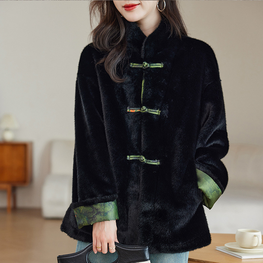 Women’s Coat – Plush Faux Fur – Relaxed Fit – Mandarin Collar – Frog Closures