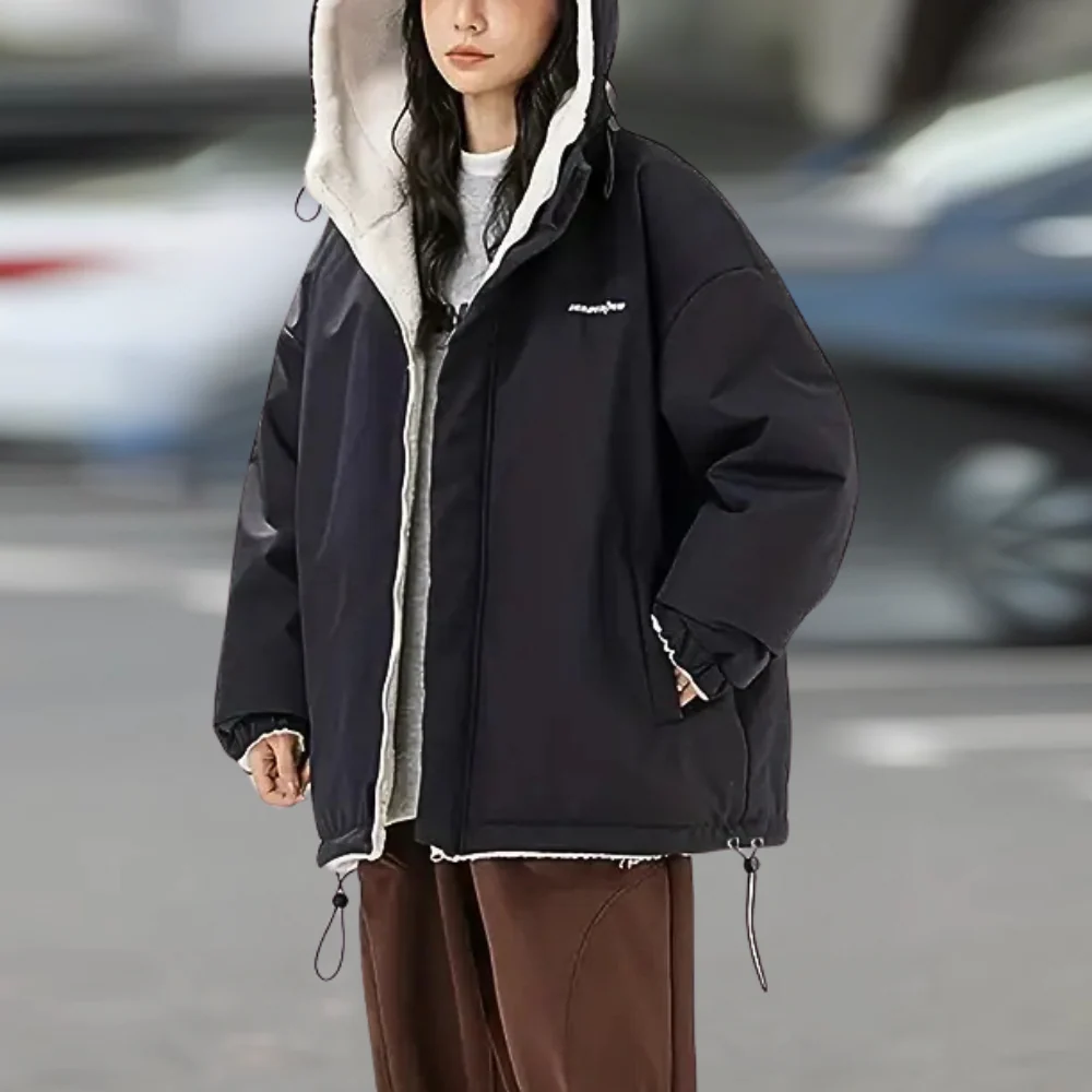 Women’s Hooded Jacket – Oversized Fit – Plush Lined – Reversible – Drawstring Hem