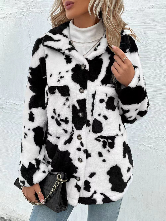 Women’s Overshirt Coat – Plush Fleece – Relaxed Fit – Bold Print – Button Front