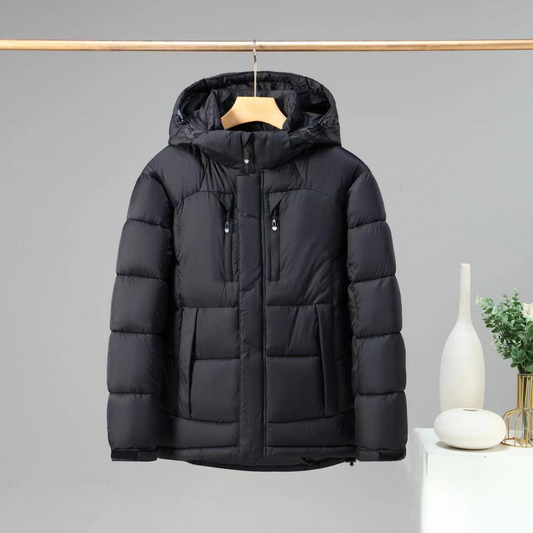 Men’s Padded Jacket – Structured Fit – Detachable Hood – Secure Pockets – Hip Length