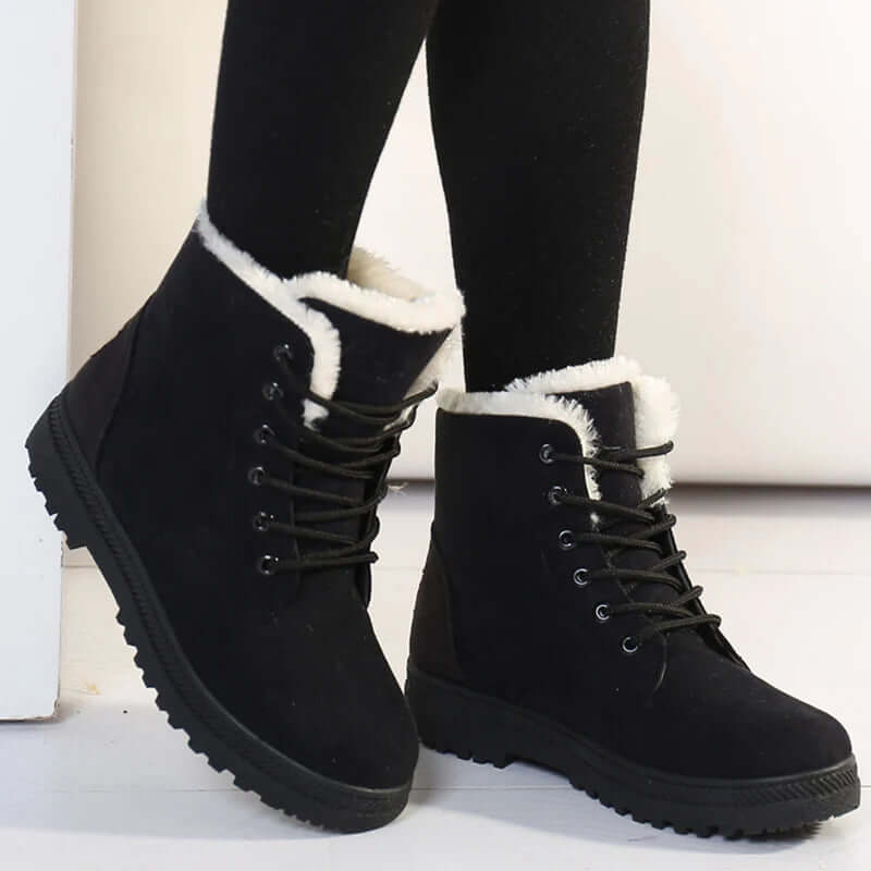 Women’s Ankle Boots – Faux Fur Lined – Suede Look – Lace-Up – Grip Sole – Round Toe