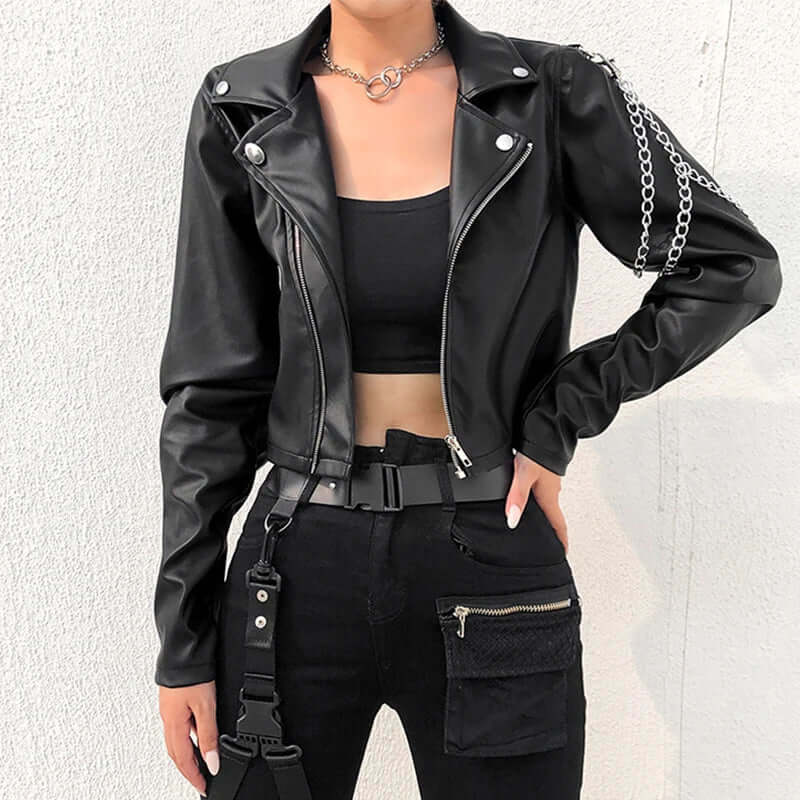 Women’s Biker Jacket – Slim Fit – Cropped Length – Faux Leather – Chain Shoulder Detail