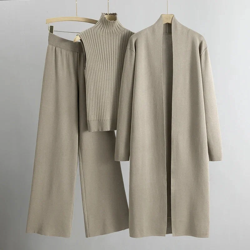 Women’s 3-Piece Knit Set – Ribbed Sleeveless Top – Wide Leg Pants – Longline Open Cardigan