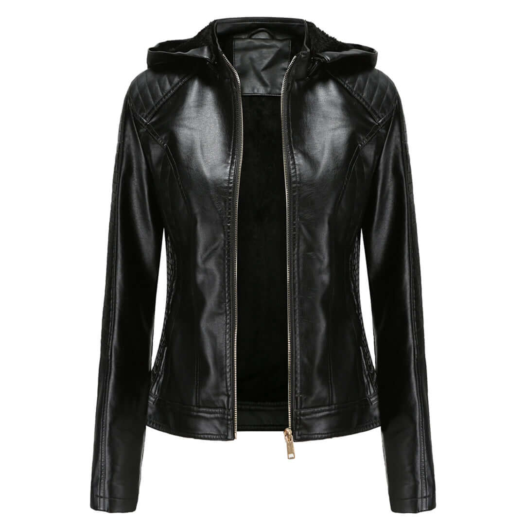 Women’s Faux Leather Jacket – Slim Fit – Plush Lined – Detachable Hood – Zip Closure