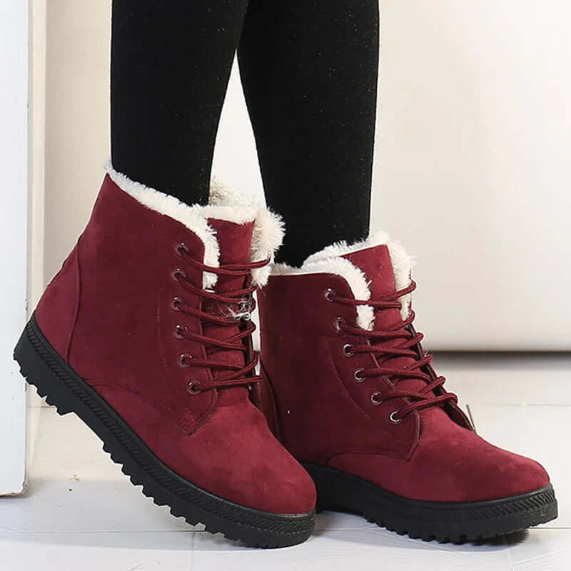 Women’s Ankle Boots – Faux Fur Lined – Suede Look – Lace-Up – Grip Sole – Round Toe
