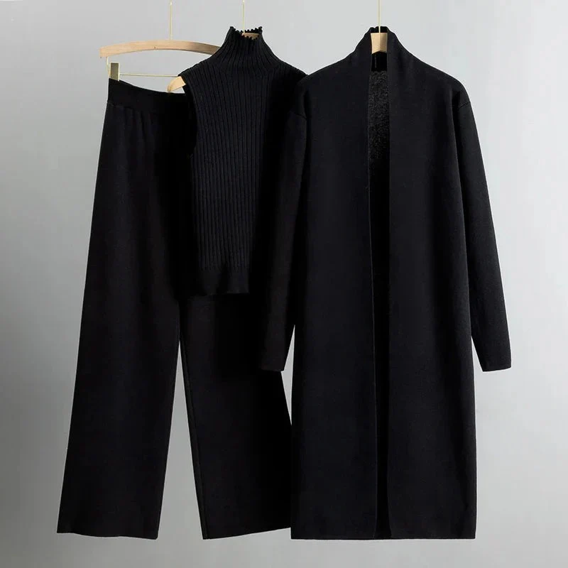 Women’s 3-Piece Knit Set – Ribbed Sleeveless Top – Wide Leg Pants – Longline Open Cardigan