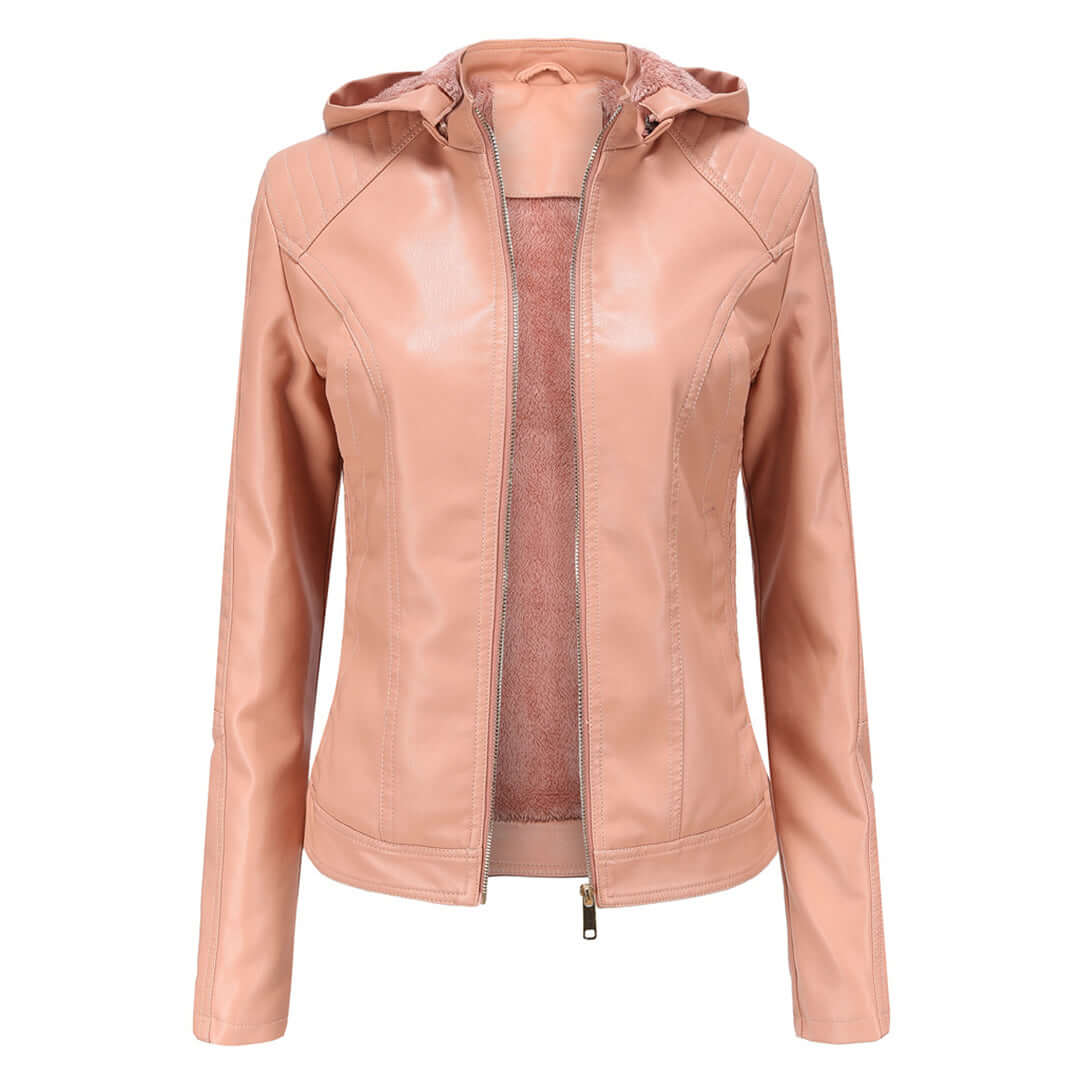 Women’s Faux Leather Jacket – Slim Fit – Plush Lined – Detachable Hood – Zip Closure