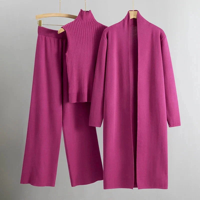 Women’s 3-Piece Knit Set – Ribbed Sleeveless Top – Wide Leg Pants – Longline Open Cardigan