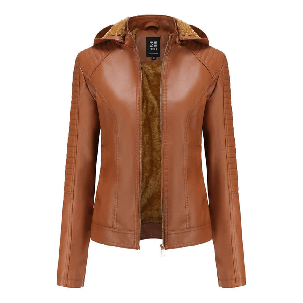 Women’s Faux Leather Jacket – Slim Fit – Plush Lined – Detachable Hood – Zip Closure