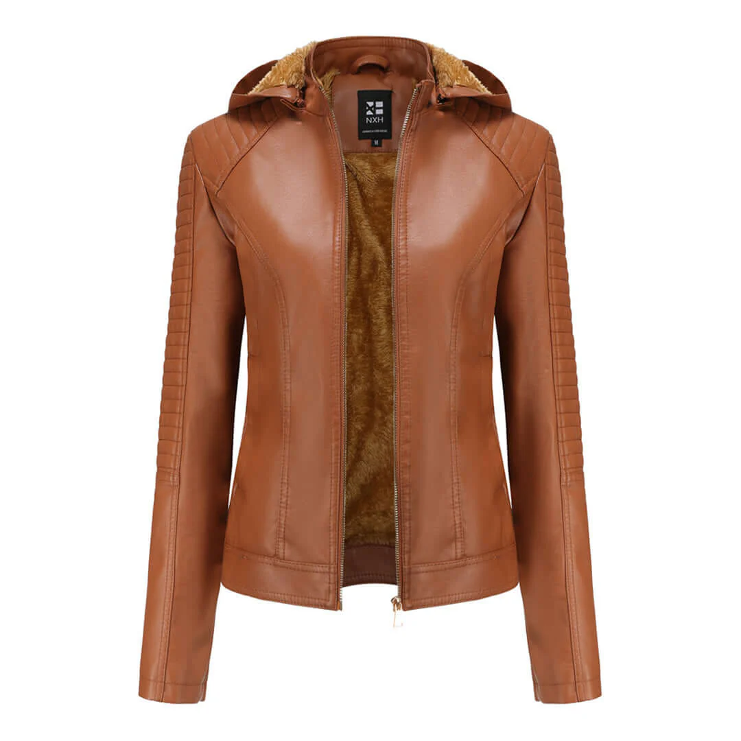 Women’s Faux Leather Jacket – Slim Fit – Plush Lined – Detachable Hood – Zip Closure