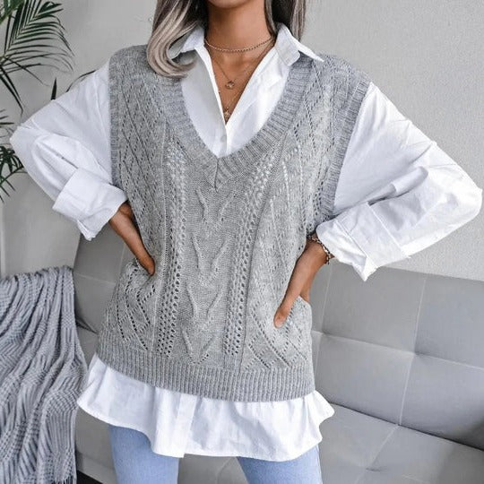 Women’s Knitted Vest – Relaxed Fit – Cable Knit – V-Neck – Wool Blend – Casual Layering