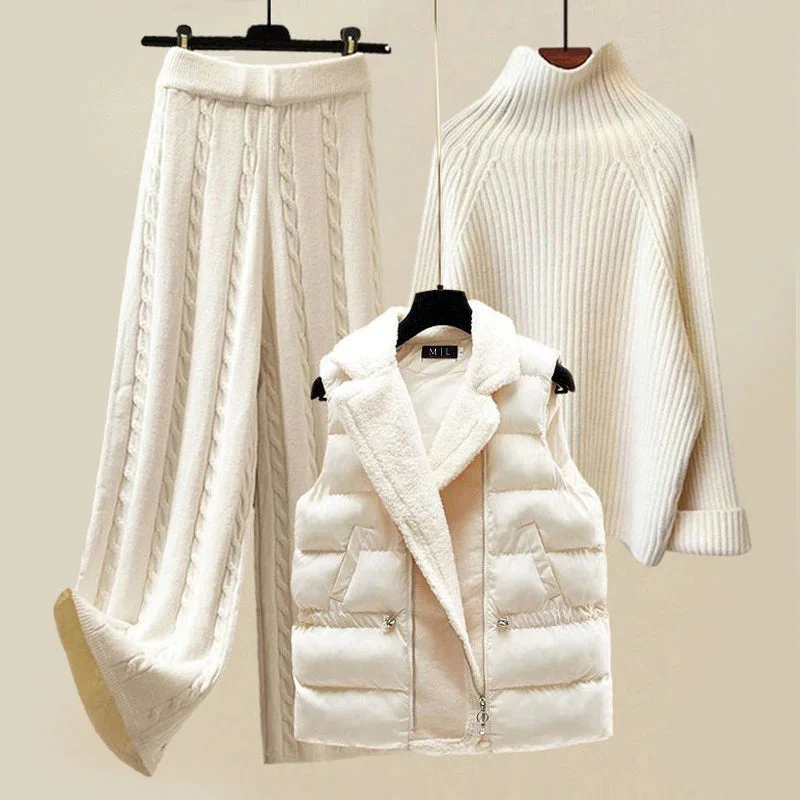 Women’s 3-Piece Winter Set – Knit Turtleneck Sweater – Wide-Leg Cable Knit Pants – Quilted Puffer Vest