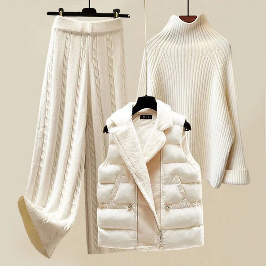 Women’s 3-Piece Winter Set – Knit Turtleneck Sweater – Wide-Leg Cable Knit Pants – Quilted Puffer Vest