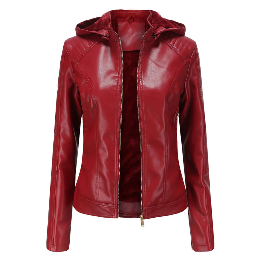 Women’s Faux Leather Jacket – Slim Fit – Plush Lined – Detachable Hood – Zip Closure