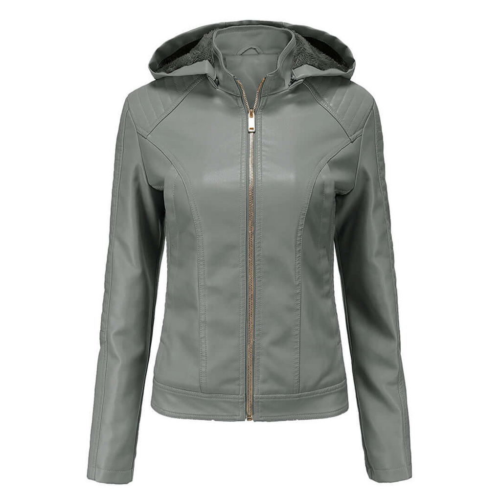 Women’s Faux Leather Jacket – Slim Fit – Plush Lined – Detachable Hood – Zip Closure