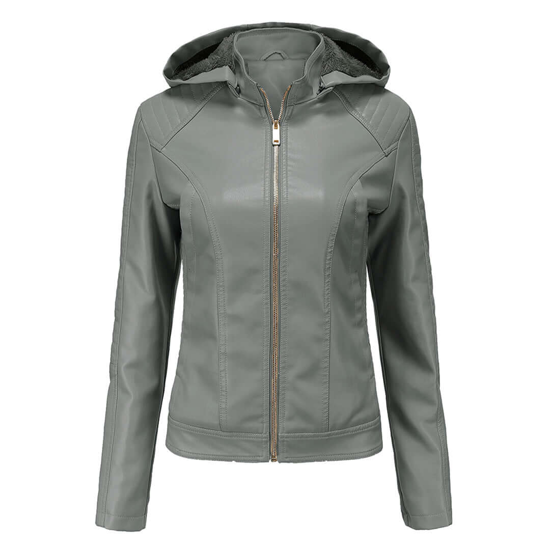 Women’s Faux Leather Jacket – Slim Fit – Plush Lined – Detachable Hood – Zip Closure