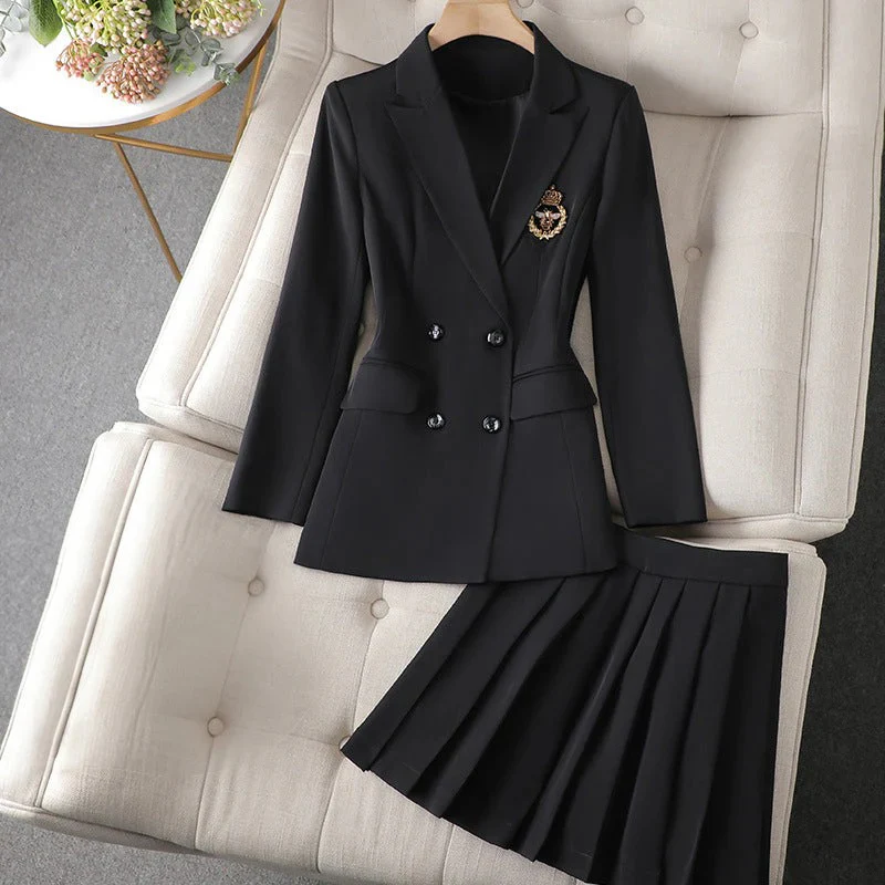 Women’s Blazer & Skirt Set – Slim Fit Double-Breasted Blazer – Crest Detail – Pleated Mini Skirt – Wool Blend