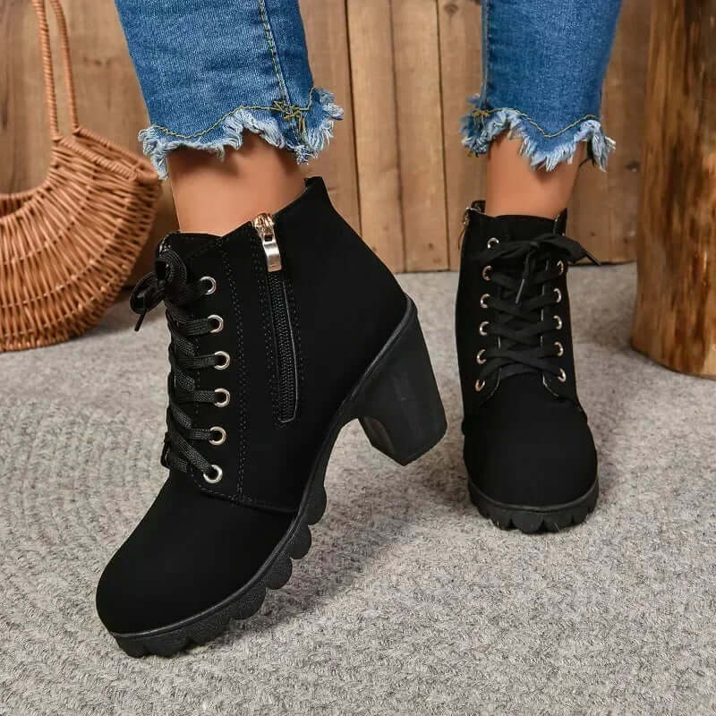 Women’s Ankle Boots – Lace-Up with Side Zipper – Buckle Strap – Block Heel – Rugged Sole