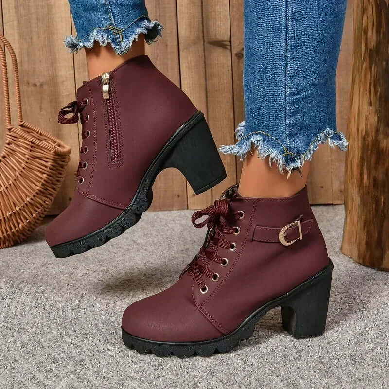 Women’s Ankle Boots – Lace-Up with Side Zipper – Buckle Strap – Block Heel – Rugged Sole