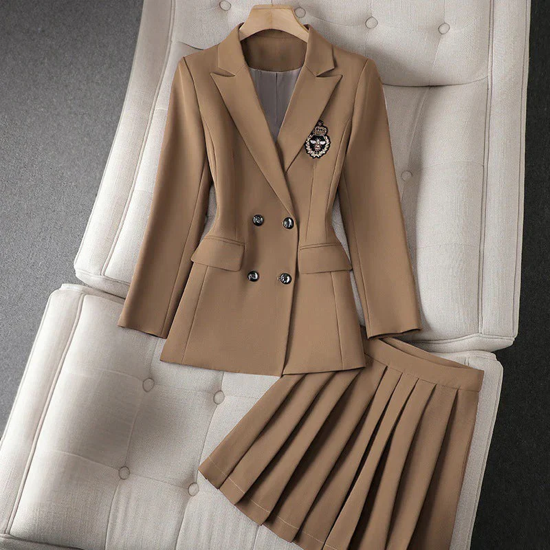 Women’s Blazer & Skirt Set – Slim Fit Double-Breasted Blazer – Crest Detail – Pleated Mini Skirt – Wool Blend