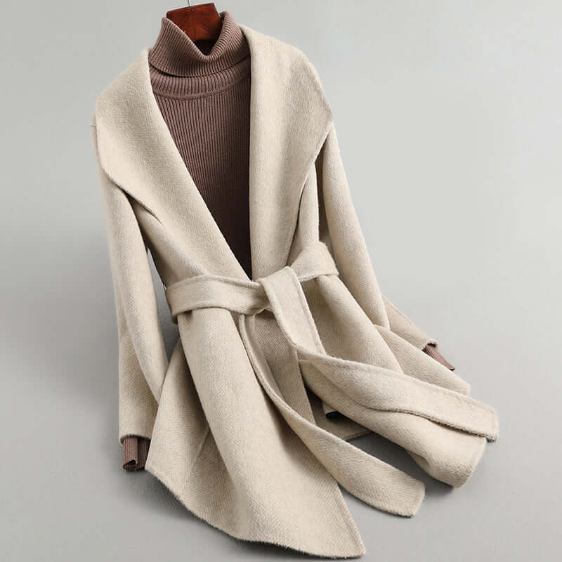 Women’s Double-Breasted Jacket – Tailored Fit – Wool Feel – Belted Mid-Length Style