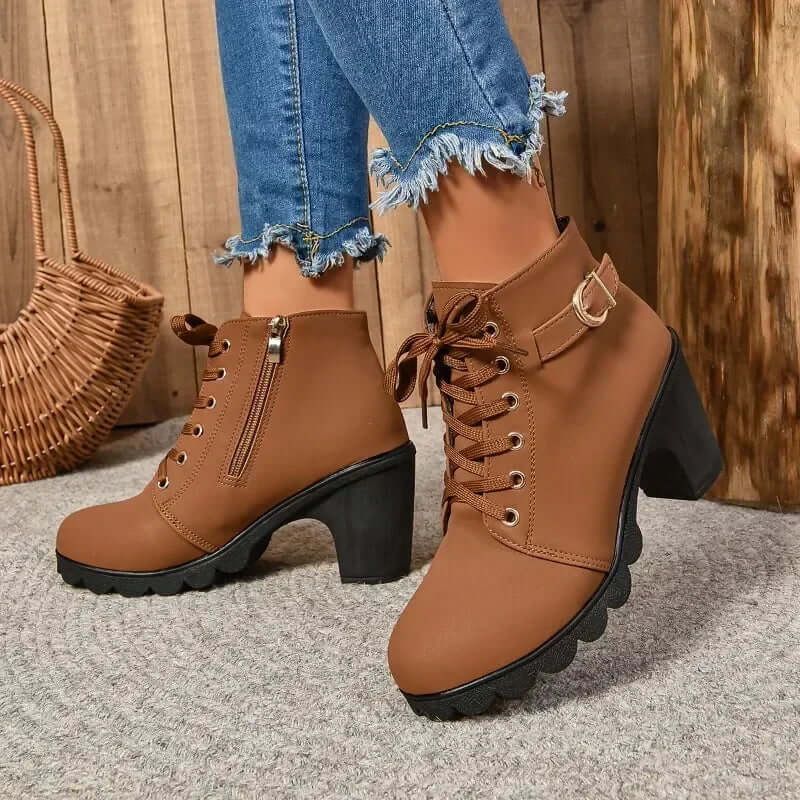 Women’s Ankle Boots – Lace-Up with Side Zipper – Buckle Strap – Block Heel – Rugged Sole
