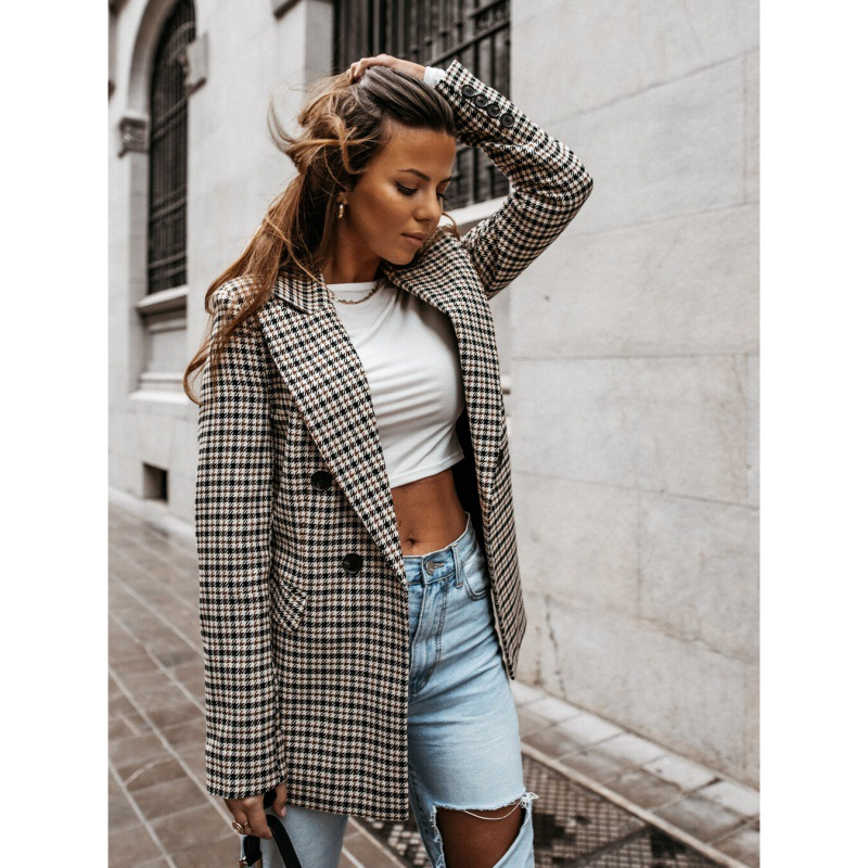 Women’s Blazer – Tailored Fit – Wool Blend – Double-Breasted – Houndstooth Pattern