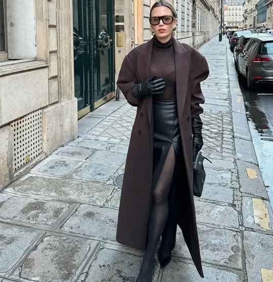 Women’s Long Coat – Oversized Fit – Wool Blend – Double-Breasted – Structured Design