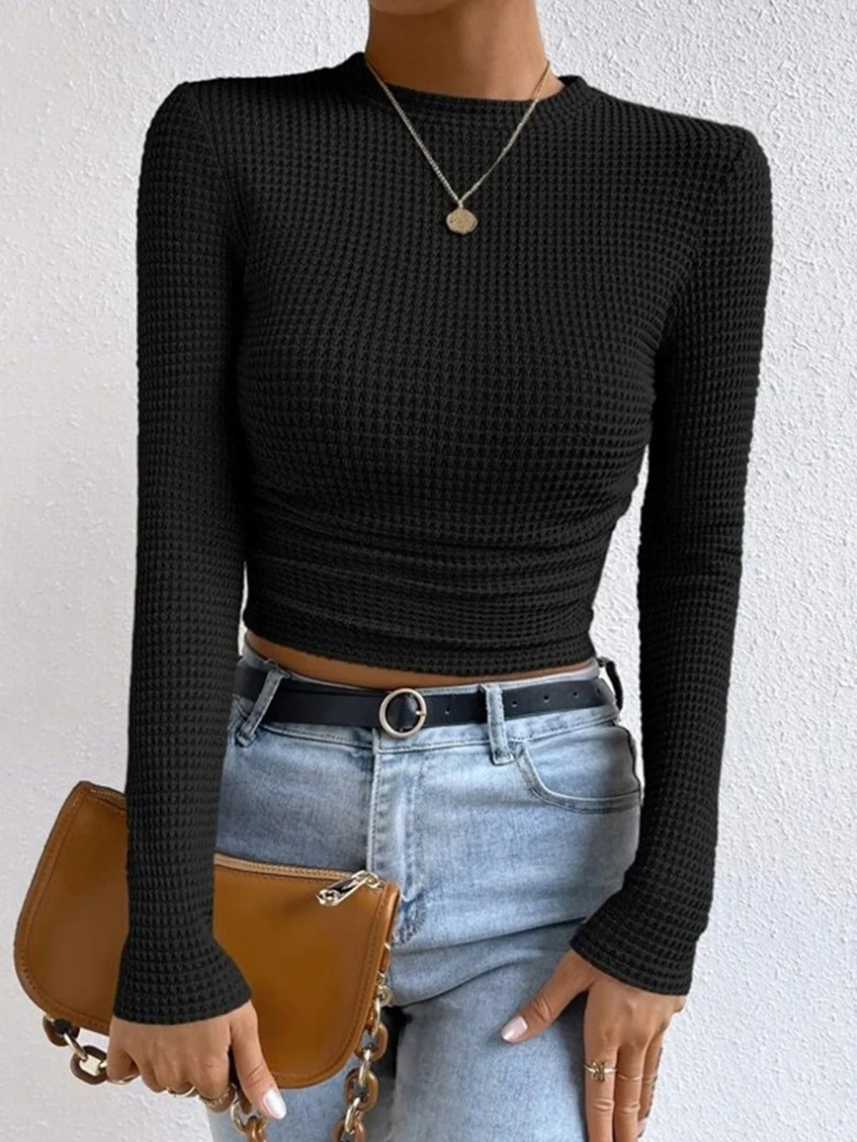 Women’s Cropped Sweatshirt – Slim Fit – Waffle Knit – Long Sleeve – High Neck