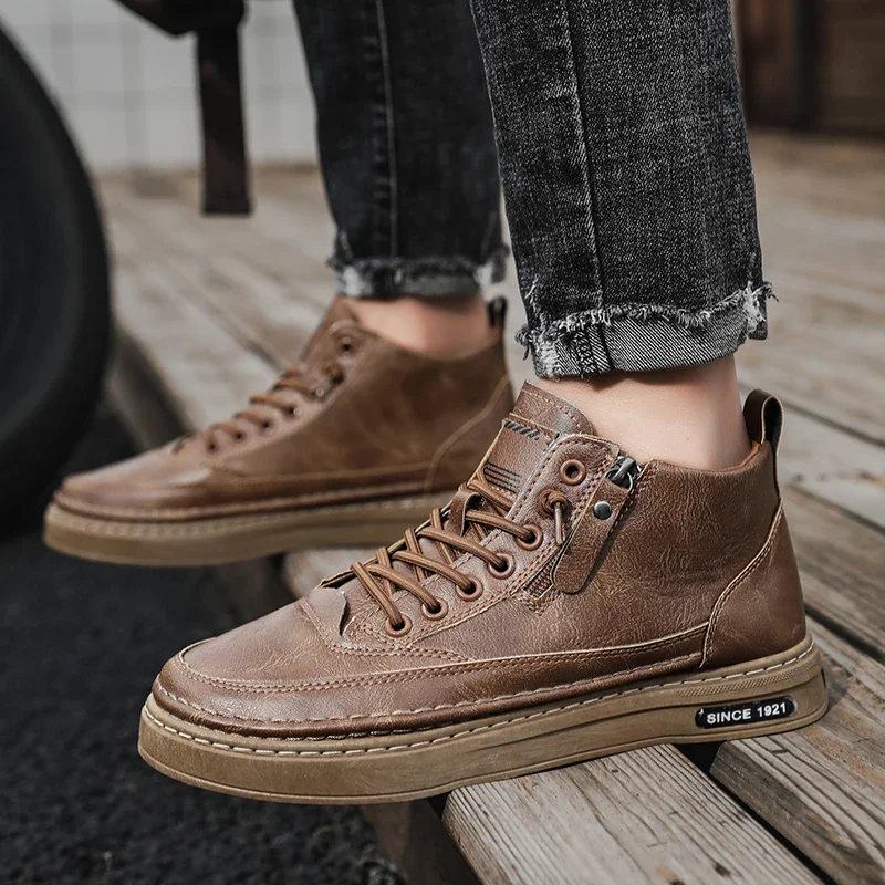 Men’s High-Top Sneakers – Leather Look – Side Zipper – Cushioned Sole – Lace-Up Fit
