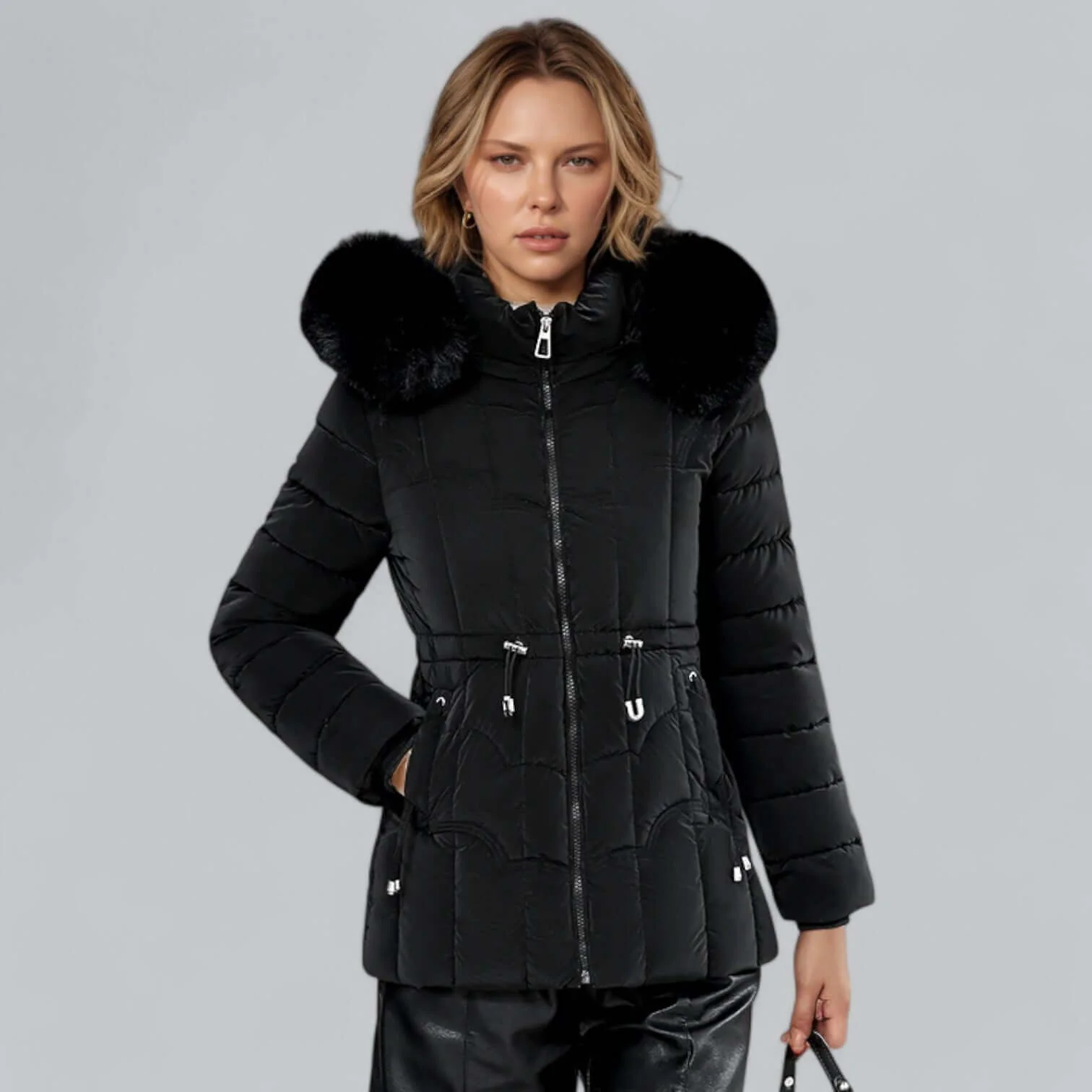 Women’s Parka Coat – Quilted Insulated – Tailored Fit – Faux Fur Hood – Mid Length