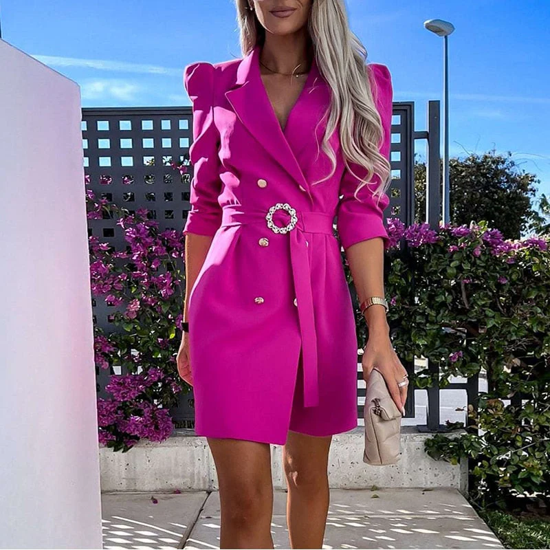 Women’s Mini Dress – Tailored Fit – Double-Breasted – Belted Waist – Blazer Style