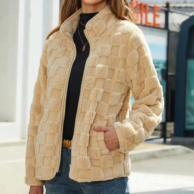 Women’s Fleece Jacket – Relaxed Fit – Stand Collar – Zip Front – Textured Pattern