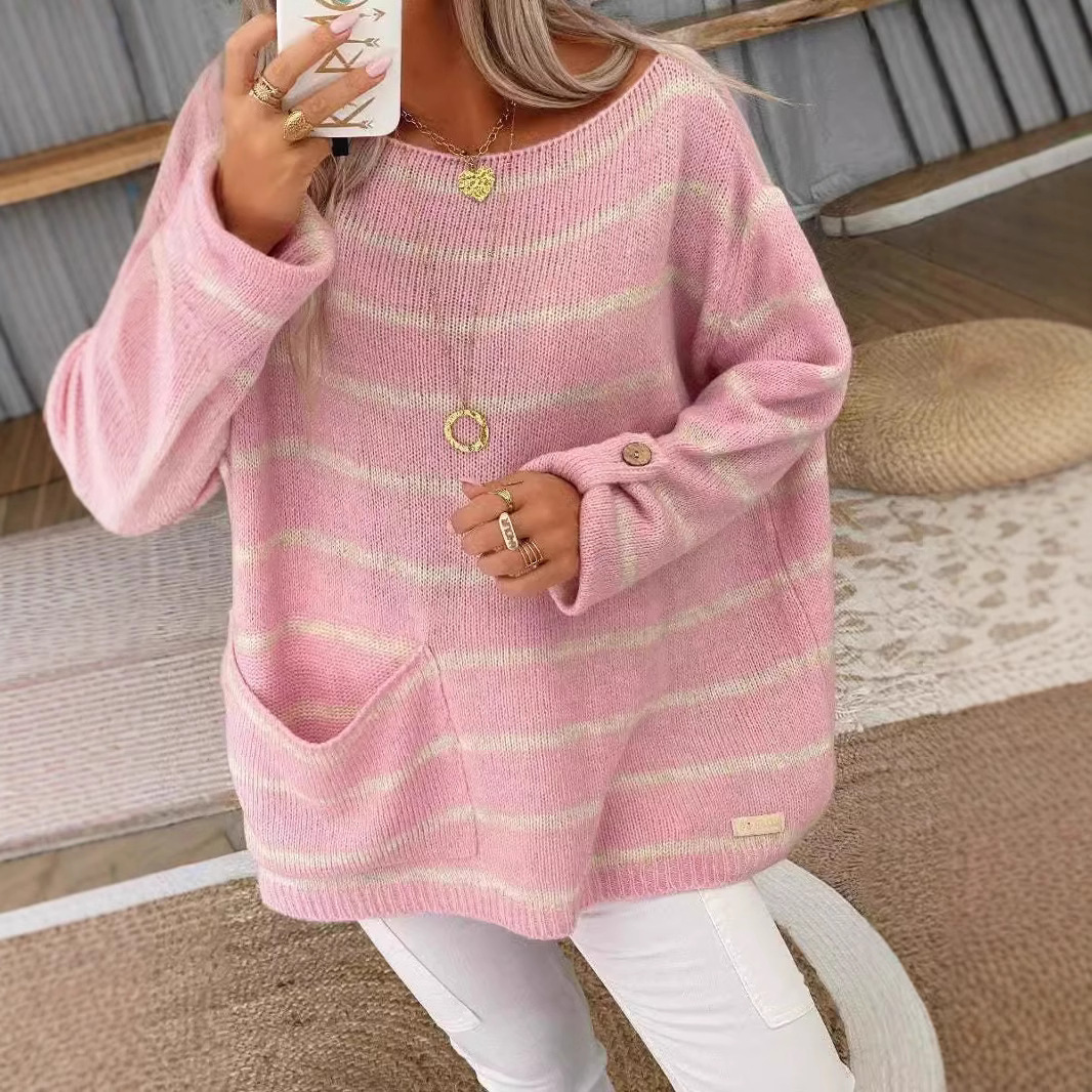 Women’s Knit Sweatshirt – Oversized Fit – Wool Blend – Striped – Front Pockets