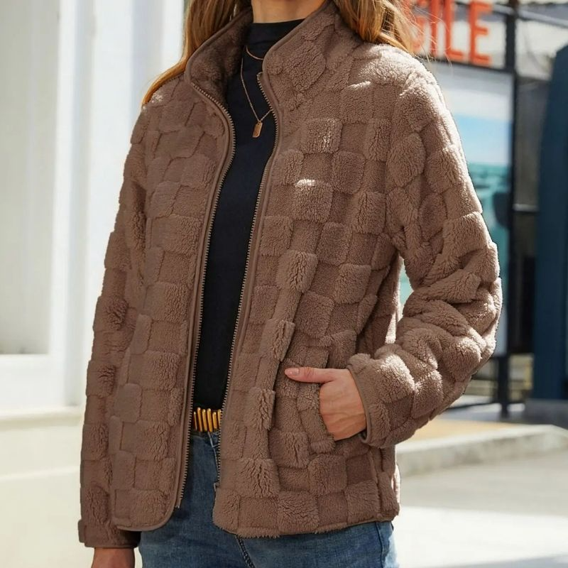 Women’s Fleece Jacket – Relaxed Fit – Stand Collar – Zip Front – Textured Pattern