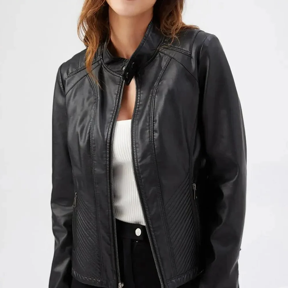 Women’s Jacket – Faux Leather – Slim Fit – Quilted Panels – Zipper Front
