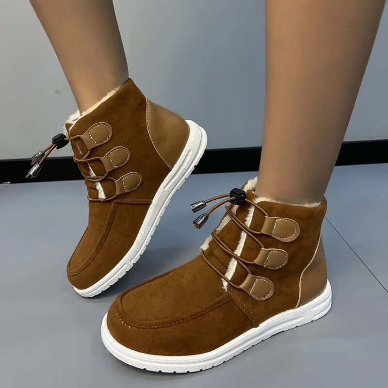 Women’s Ankle Boots – Faux Fur Lined – Suede – Flat Sole – Buckle Strap Detail