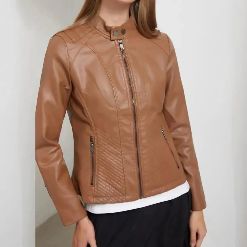 Women’s Jacket – Faux Leather – Slim Fit – Quilted Panels – Zipper Front