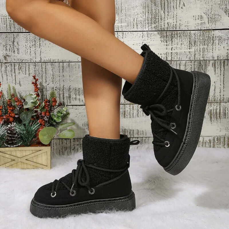 Women’s Snow Boots – Mid-Calf – Faux Fur Trim – Lace-Up – Waterproof Sole – Wool Blend