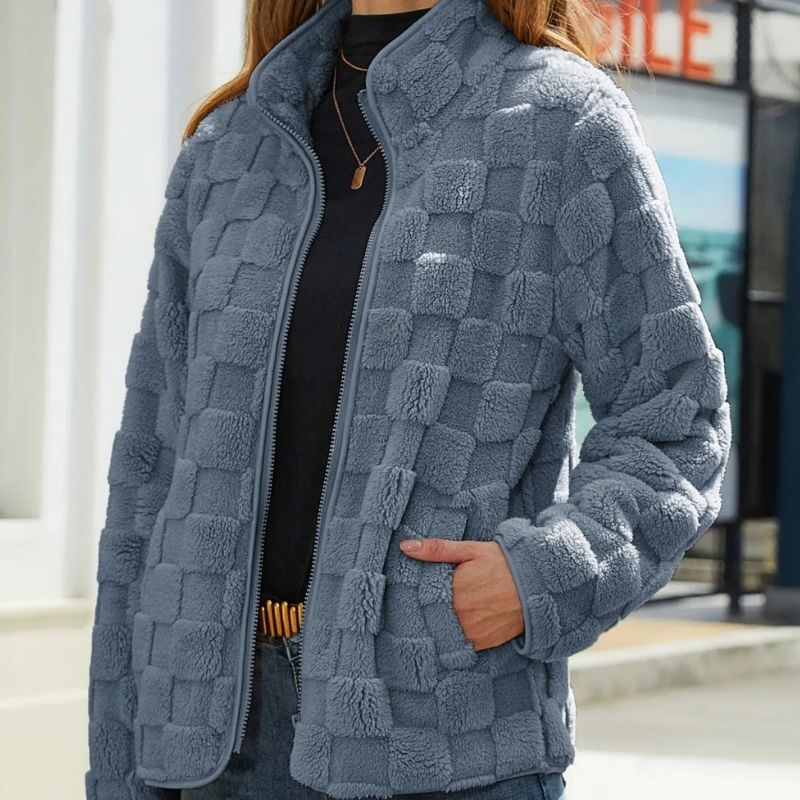 Women’s Fleece Jacket – Relaxed Fit – Stand Collar – Zip Front – Textured Pattern