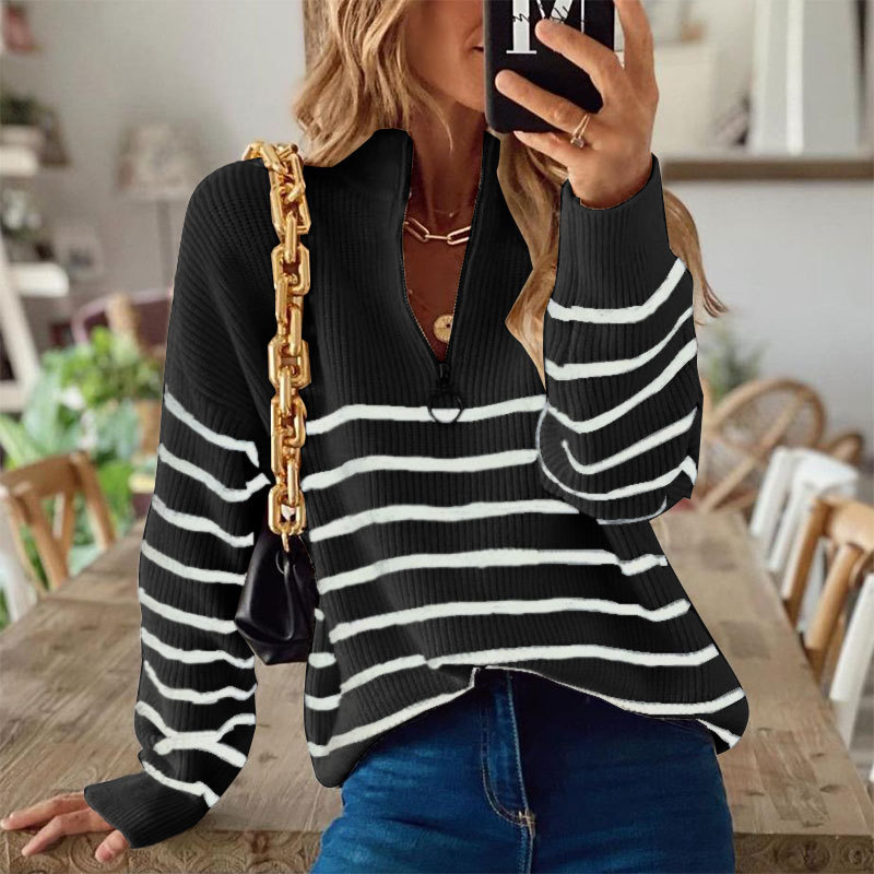 Women’s Sweatshirt – Relaxed Fit – Ribbed Knit – Half Zip – Striped Pattern – Hip Length
