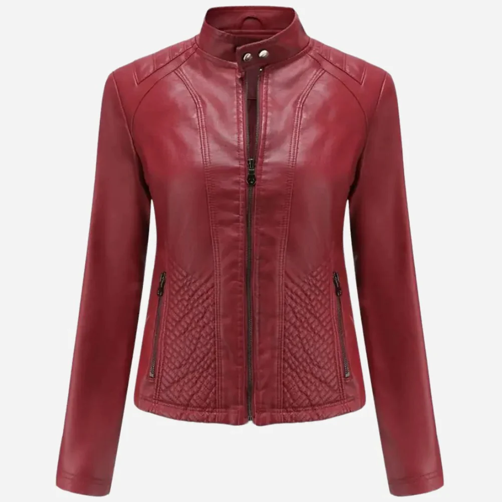 Women’s Jacket – Faux Leather – Slim Fit – Quilted Panels – Zipper Front