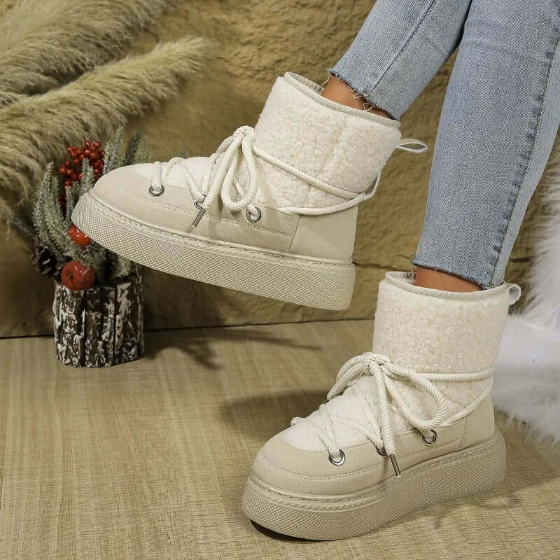 Women’s Snow Boots – Mid-Calf – Faux Fur Trim – Lace-Up – Waterproof Sole – Wool Blend