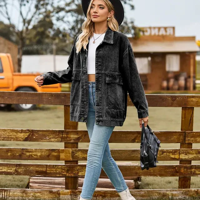 Women’s Denim Jacket – Oversized Fit – Button Down – Chest Pockets – Hip Length Casual