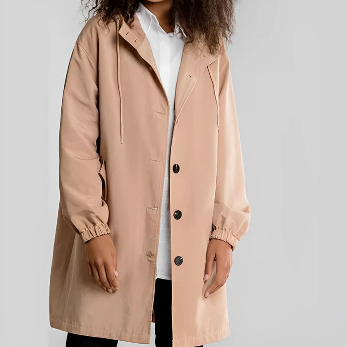 Women’s Hooded Coat – Relaxed Fit – Knee Length – Button Front with Pockets