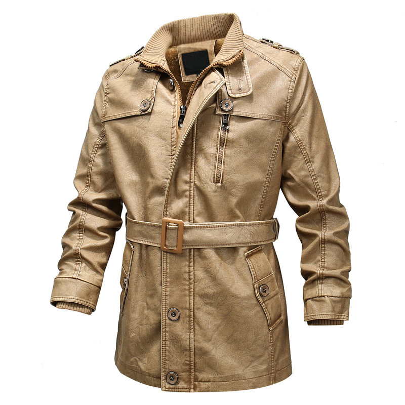 Men’s Trench Coat – Regular Fit – Washed Leather Look – Belted – Plush Lined – Zip Closure